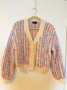 Vici Cream Crochet Cardigan with Multicolor Accents Never Worn